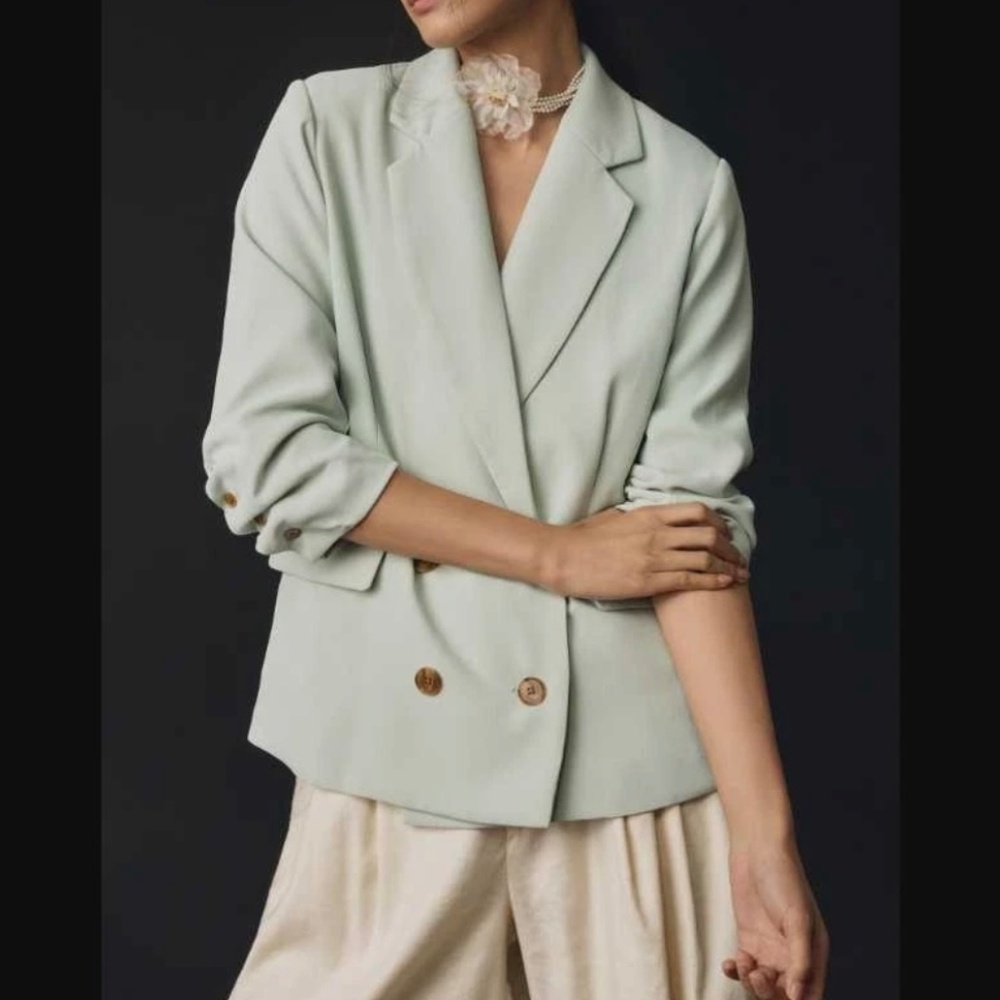 By Anthropologie Women’s cinched sleeve blazer jacket in Mint Green Size S